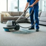 A carpet cleaner using a machine to deep clean a soiled carpet in a spacious living room